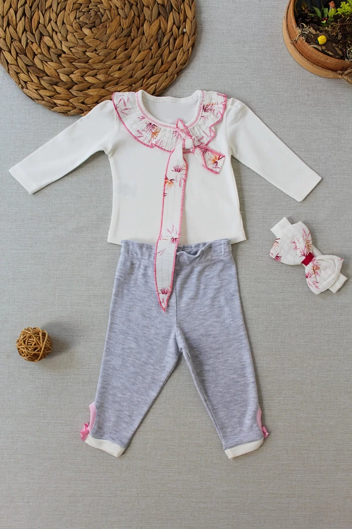 3-6 6-9 9-12 Months Matmazel Collar Fırfır Detailed Bandanali Long Sleeve Sweat 3some Girl Baby Kit Ekru
