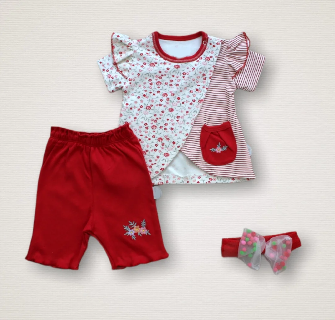 3-6 6-9 9-12 Months Angel Girl Embroidery Bandana With Short Sleeves Sweaty Shorts 3 Girl Baby Set Red