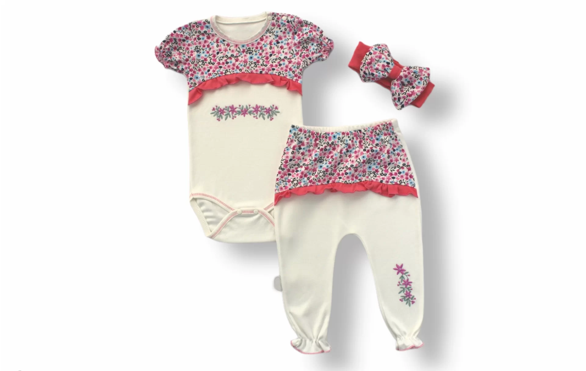 3-6 6-9 9-12 Months Mimoza Printed Bandanali Short Sleeve Zübınlı 3some Girl Baby Set Lila