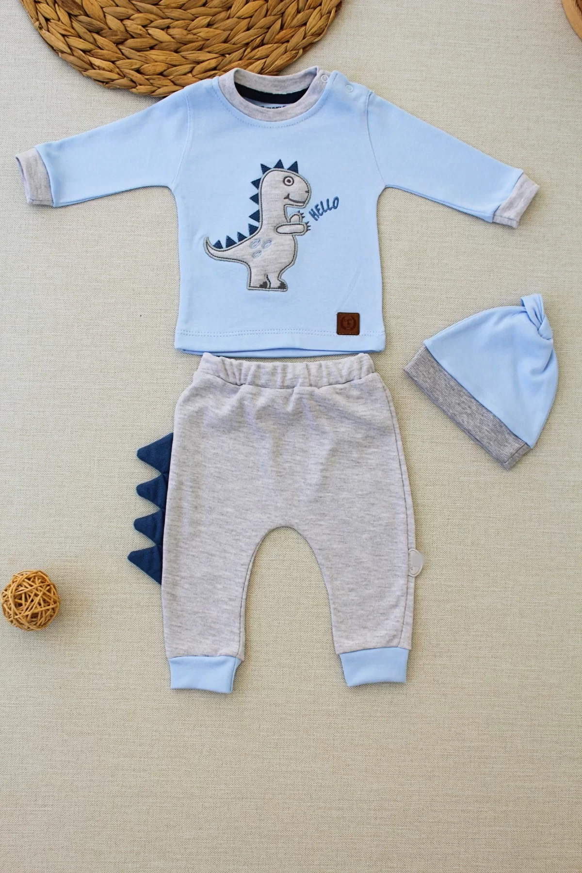 3-6 6-9 9-12 Months Minik Dino Embroidery Hat Long Sleeve Sweat 3some Girl-men Baby Set Blue