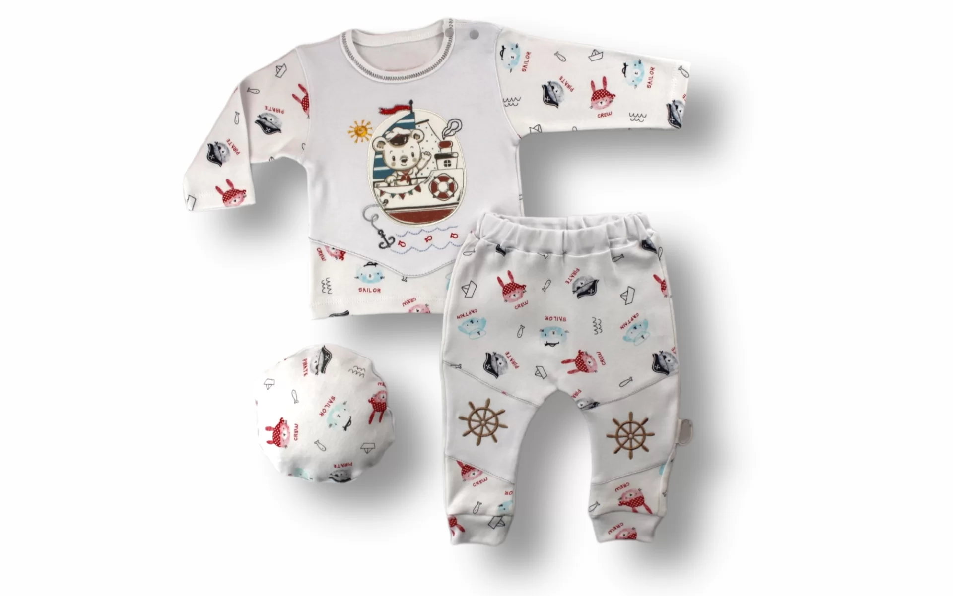3-6 6-9 9-12 Months Minik Pirate Embroidery Hat With Long Sleeves Sweaty 3 Girl-Male Baby Kit Ekru