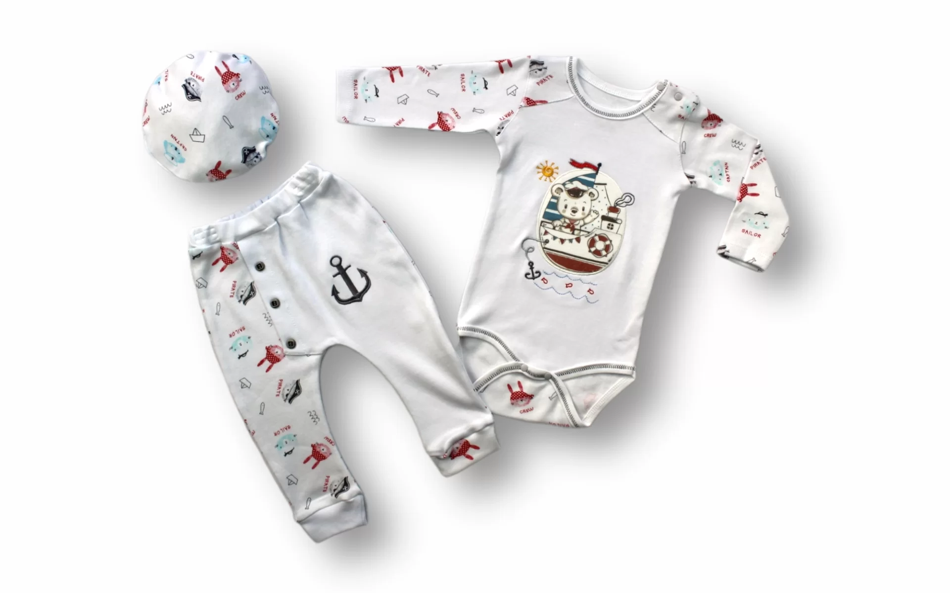 3-6 6-9 9-12 Months Minik Pirate Embroidery Hat With Long Sleeves Zübınlı 3 Girl-Male Baby Kit Ekru