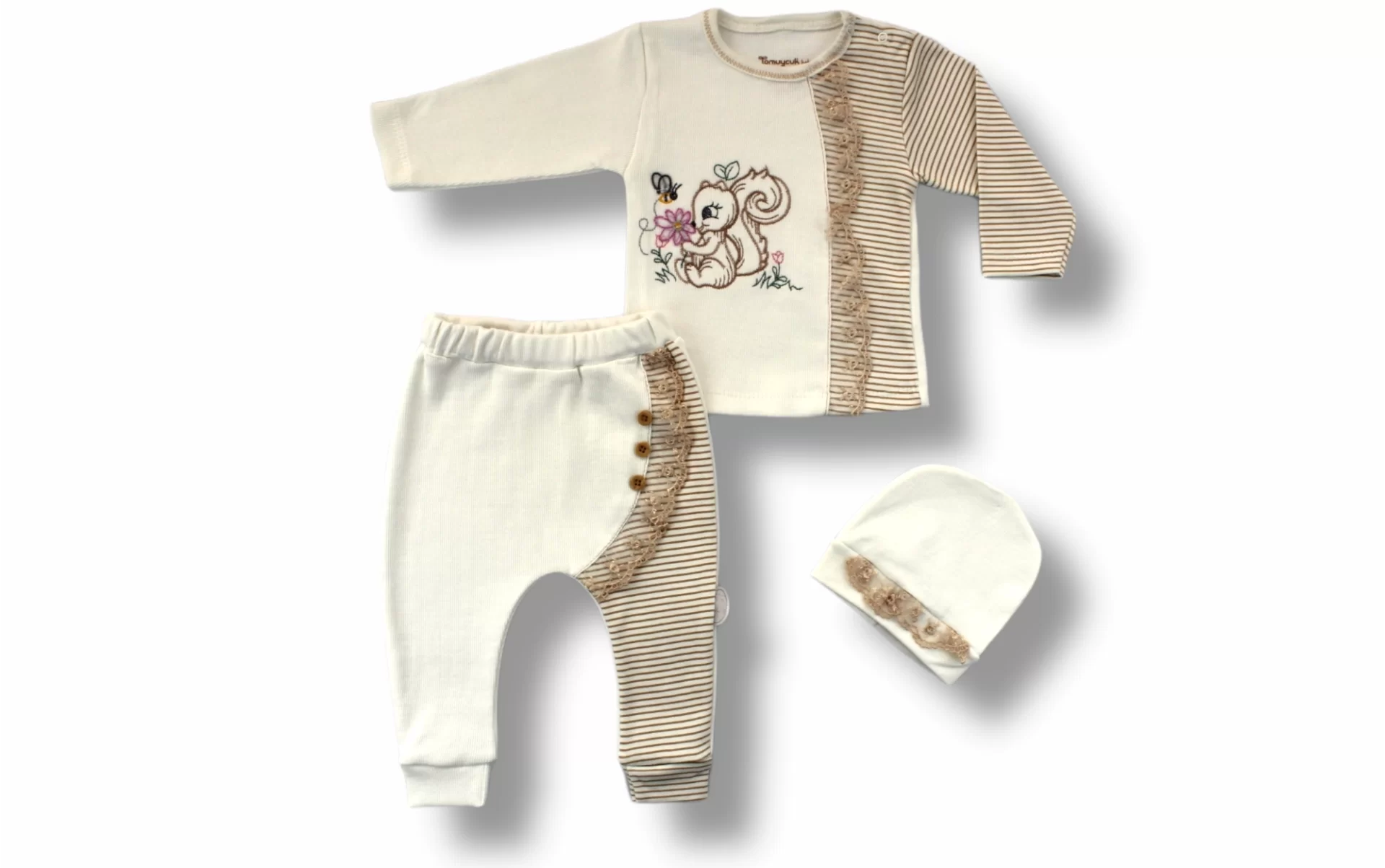 3-6 6-9 9-12 Months Minik Squirrel Embroidery Hat Long Sleeves Sweatli 3 Girl Baby Set Brown