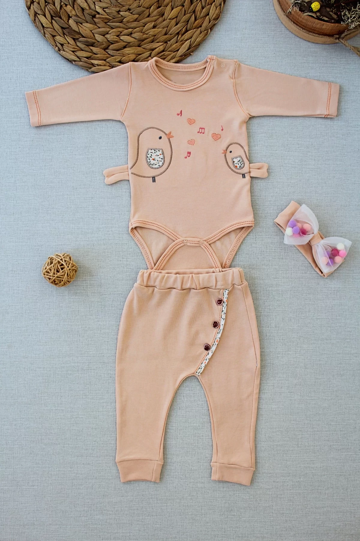 3-6 6-9 9-12 Months Sing Birds Embroidery Bandana With Long Sleeves Zübınlı 3some Girl Baby Kit Wheat