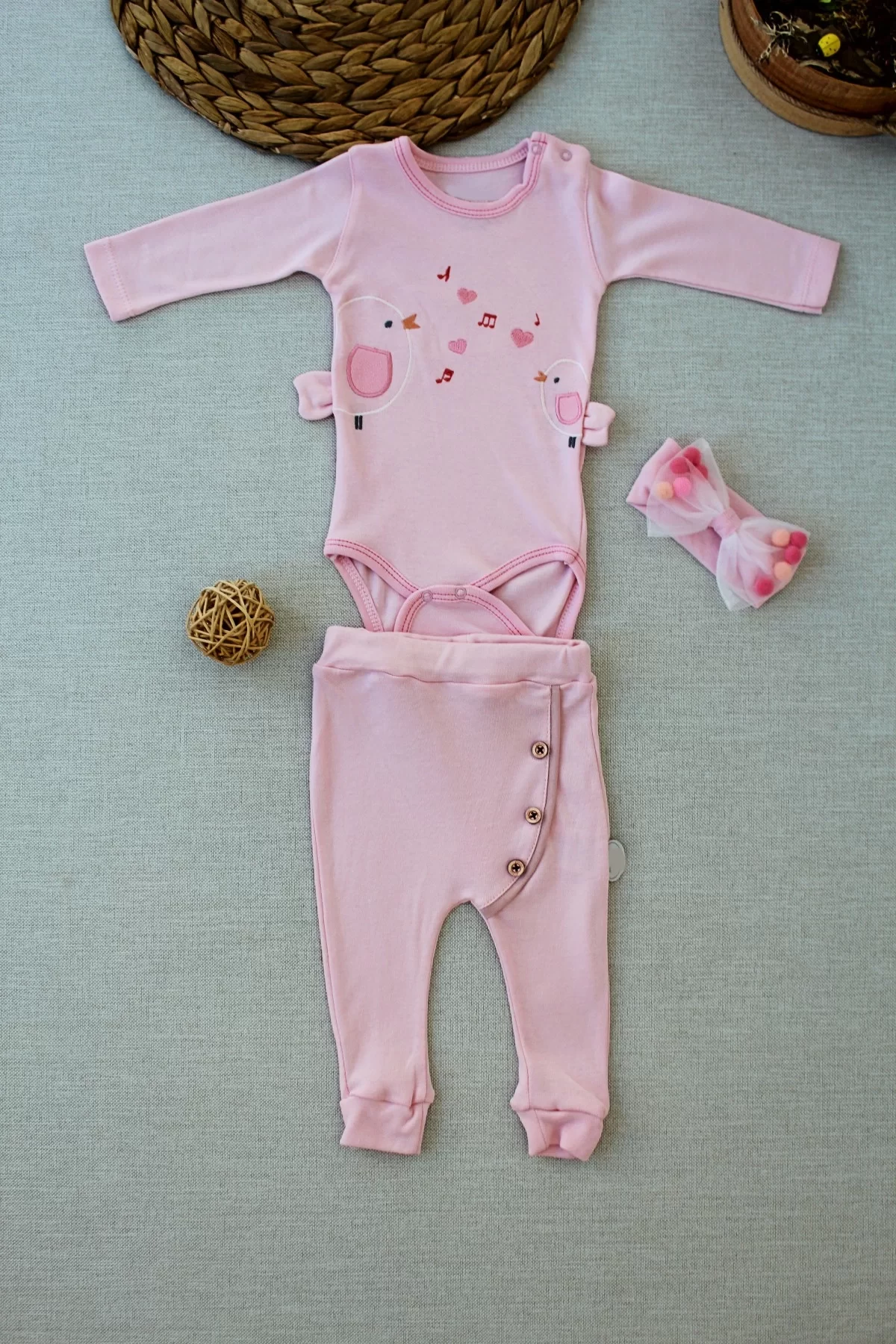 3-6 6-9 9-12 Months Sing Birds Embroidery Bandana With Long Sleeves Zübınlı 3 Girl Baby Set Pink
