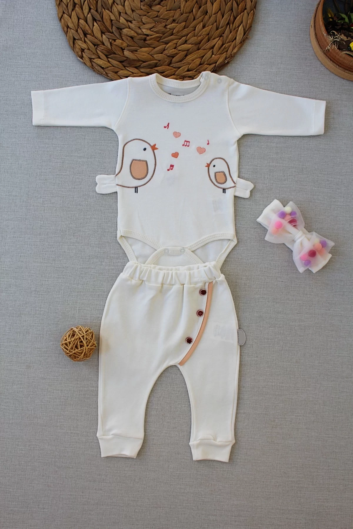 3-6 6-9 9-12 Months Sing Birds Embroidery Bandana With Long Sleeves Zübınlı 3some Girl Baby Kit Ekru