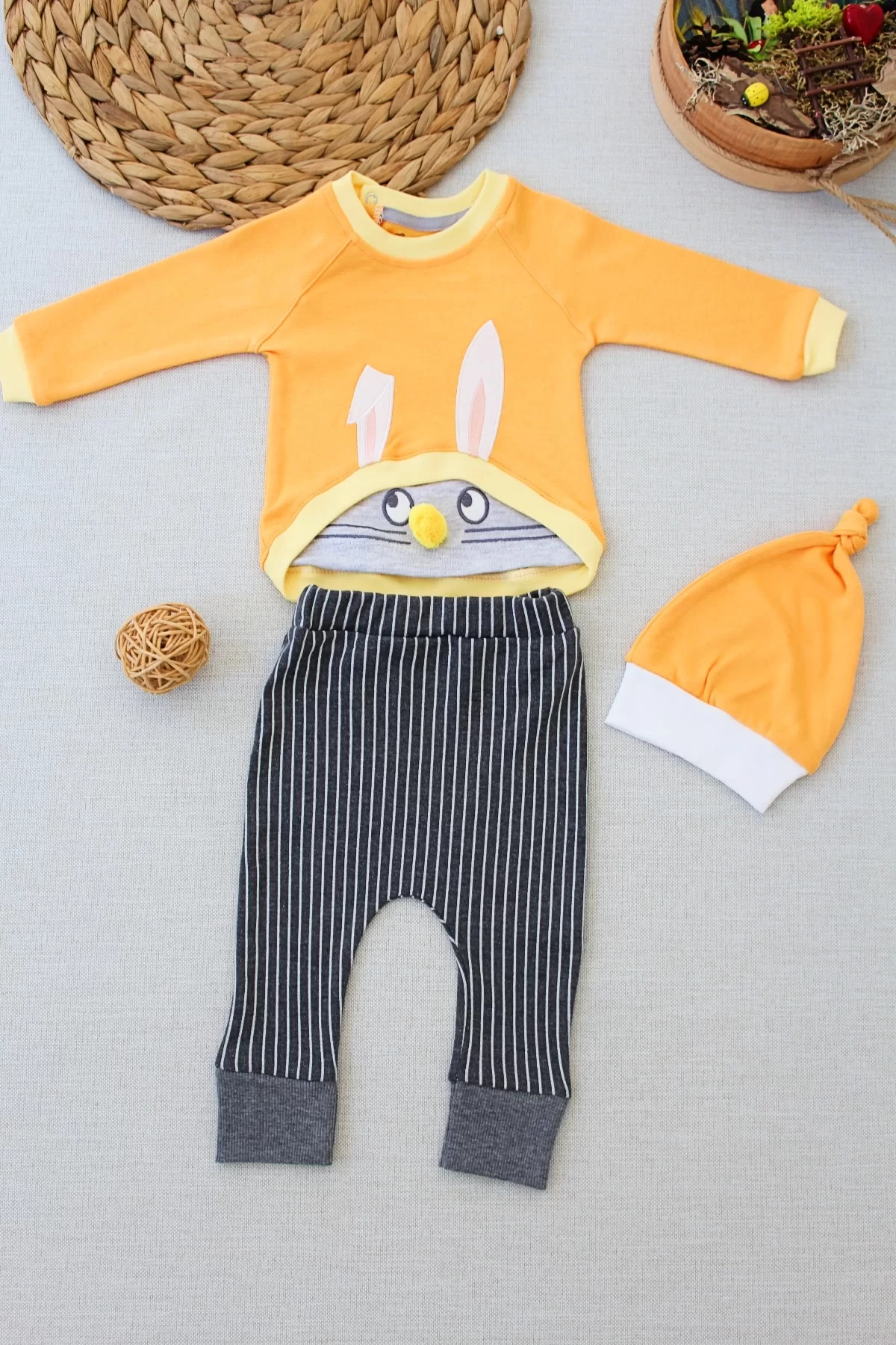 3-6 6-9 9-12 Months Ratchet Rabbit Embroidery Hat Long Sleeves Sweat 3some Girl-men Baby Set Orange
