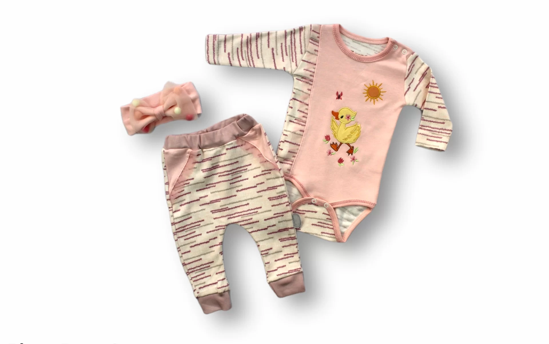 3-6 6-9 9-12 Months Fancy Duck Embroidery Hat Long Sleeve With Pocket 3 Girl Baby Kit Pink
