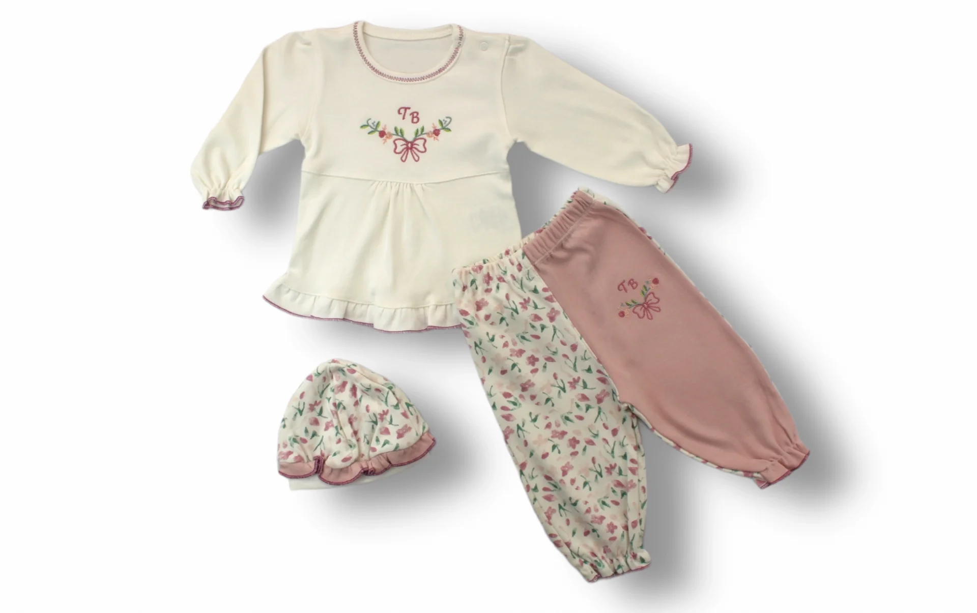 3-6 6-9 9-12 Months Tb Floral Embroidery Hat Long Sleeve Sweaty 3some Girl Baby Kit Ekru