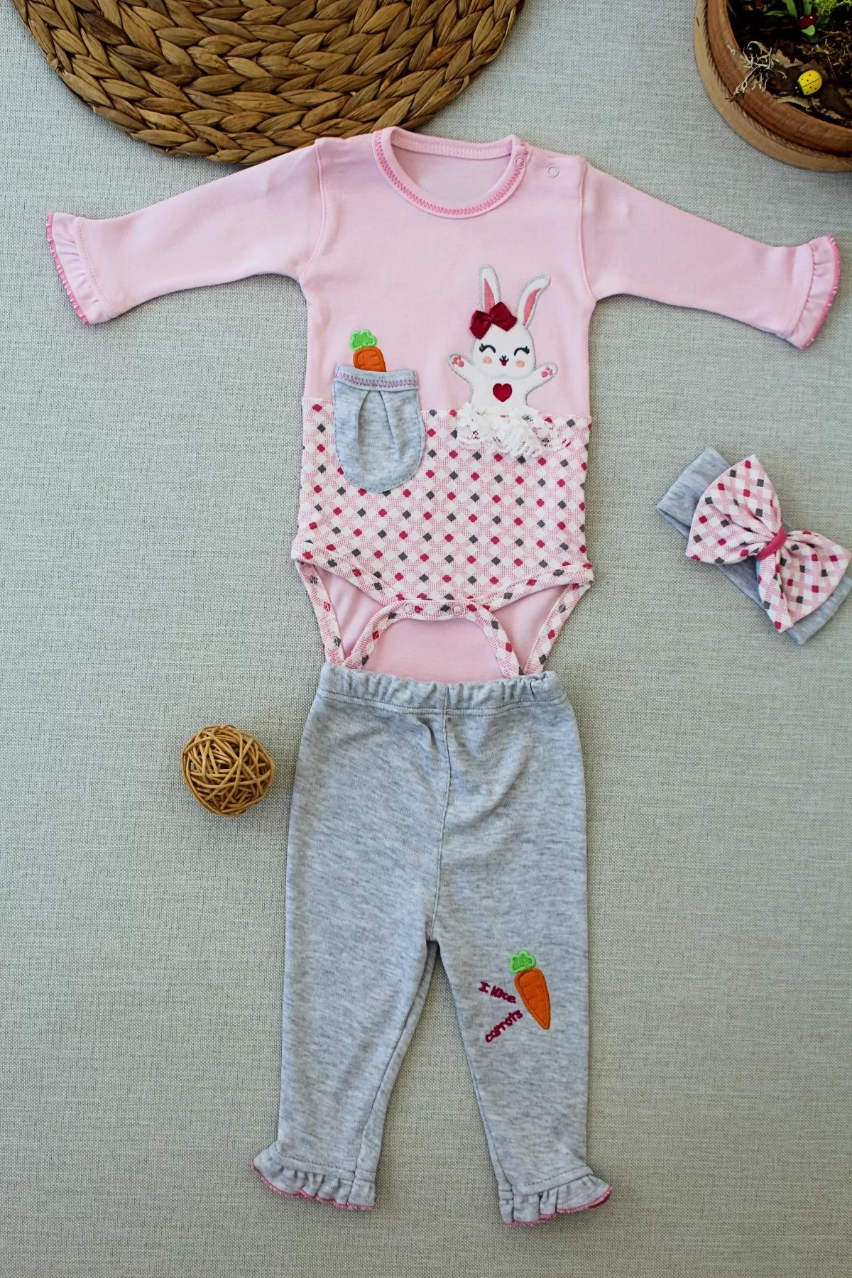 3-6 9-12 12-18 Months Carrot Rabbit Embroidery Bandana With Long Sleeves 3 Girl Baby Plug Pink