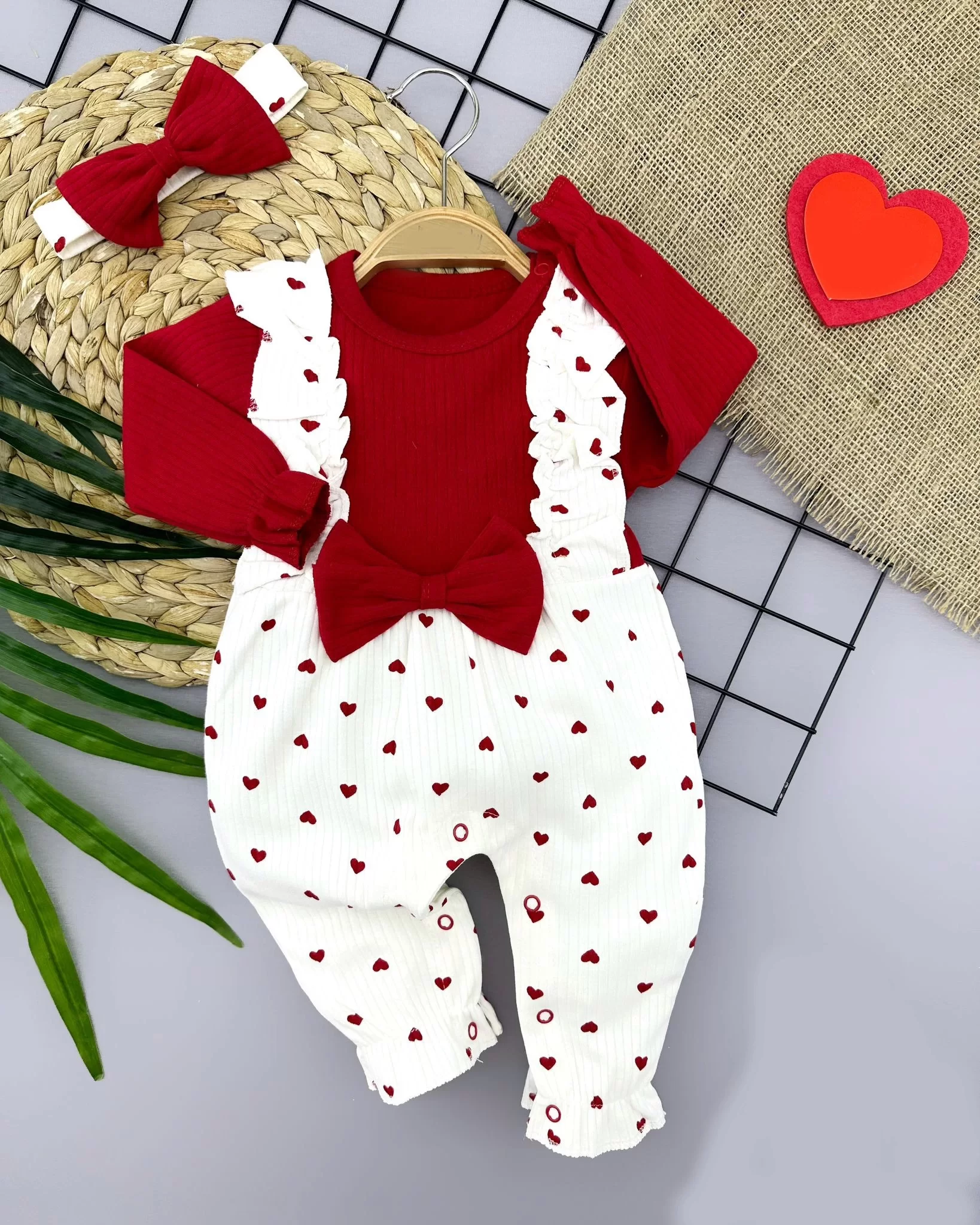 3-6-9-12 Moon Bandanali Fionk Detailed Salopet View Heart Patterned 2 Girl Baby Coverall Red