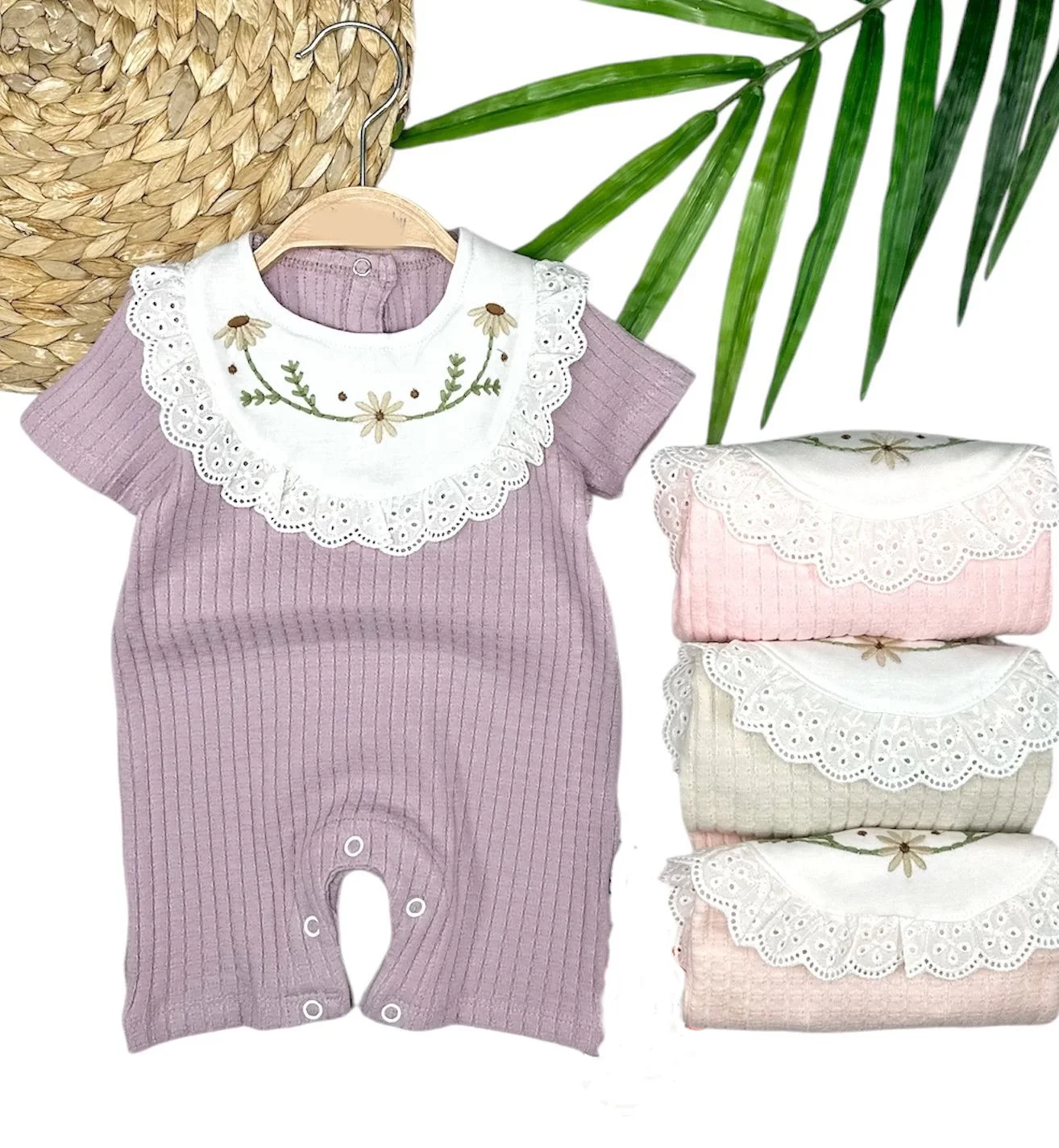 3-6-9-12 Months Baby Collar Floral Embroidery Cotton Petek Penye Summer Girl Baby Coverall