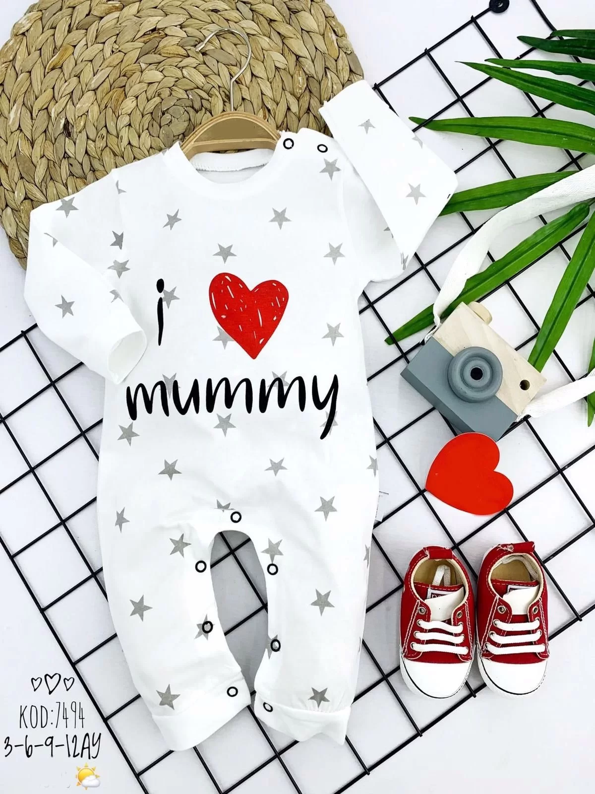 3-6-9-12 Ay Gümüş Yıldız I Love Mummy Baskılı Uzun Kollu Kız Erkek Bebek Tulumu Beyaz
