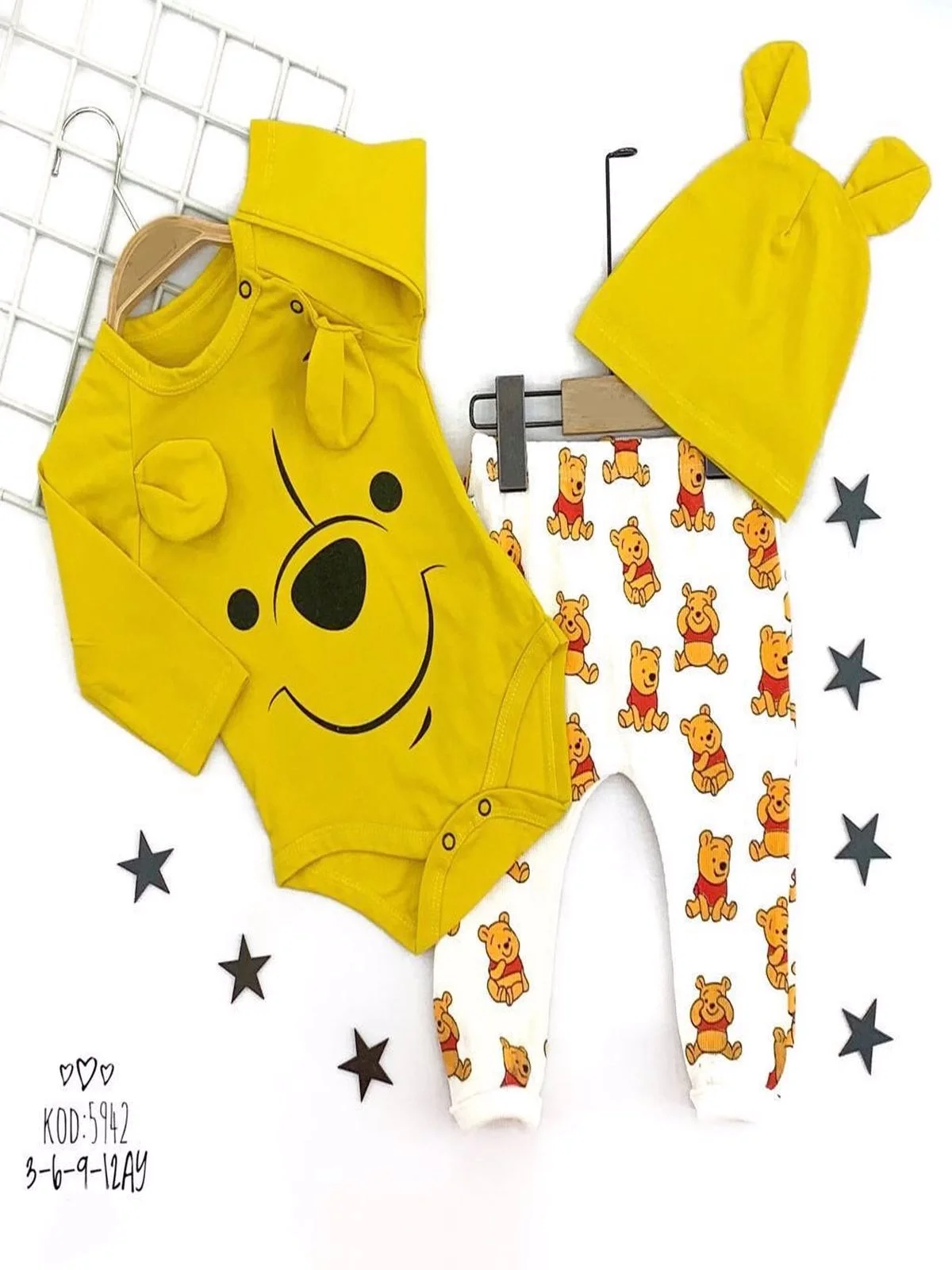 3-6-9-12 Months Eared Hat Bear Patterned 3some Girl Male Baby Set Yellow