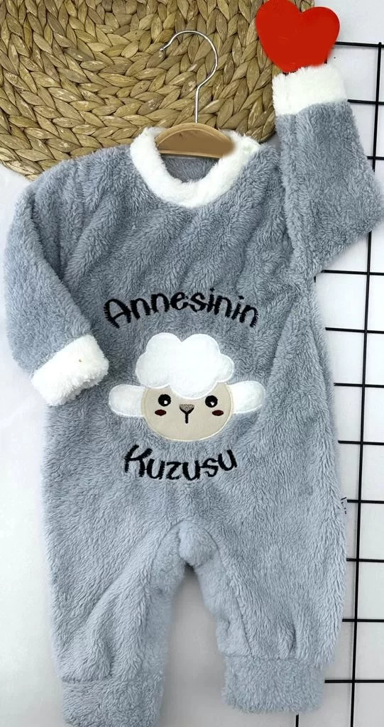 3-6-9-12 Months Lamb Feather Fabric Mother Lamb Embroidery Bottom Girl Male Baby Coverall Grey