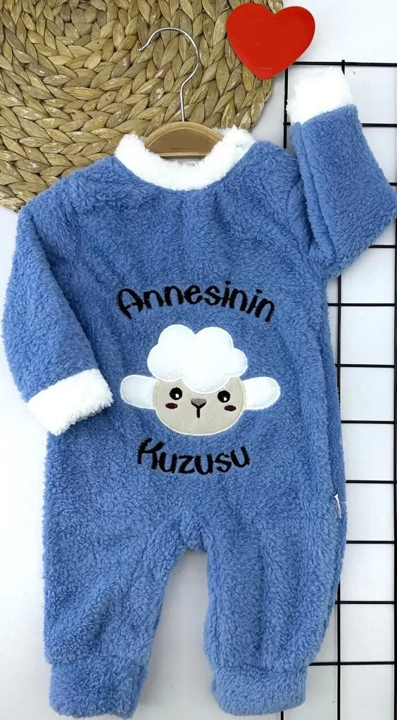 3-6-9-12 Months Lamb Feather Fabric Mother Lamb Embroidery Bottom Girl Male Baby Coverall Blue