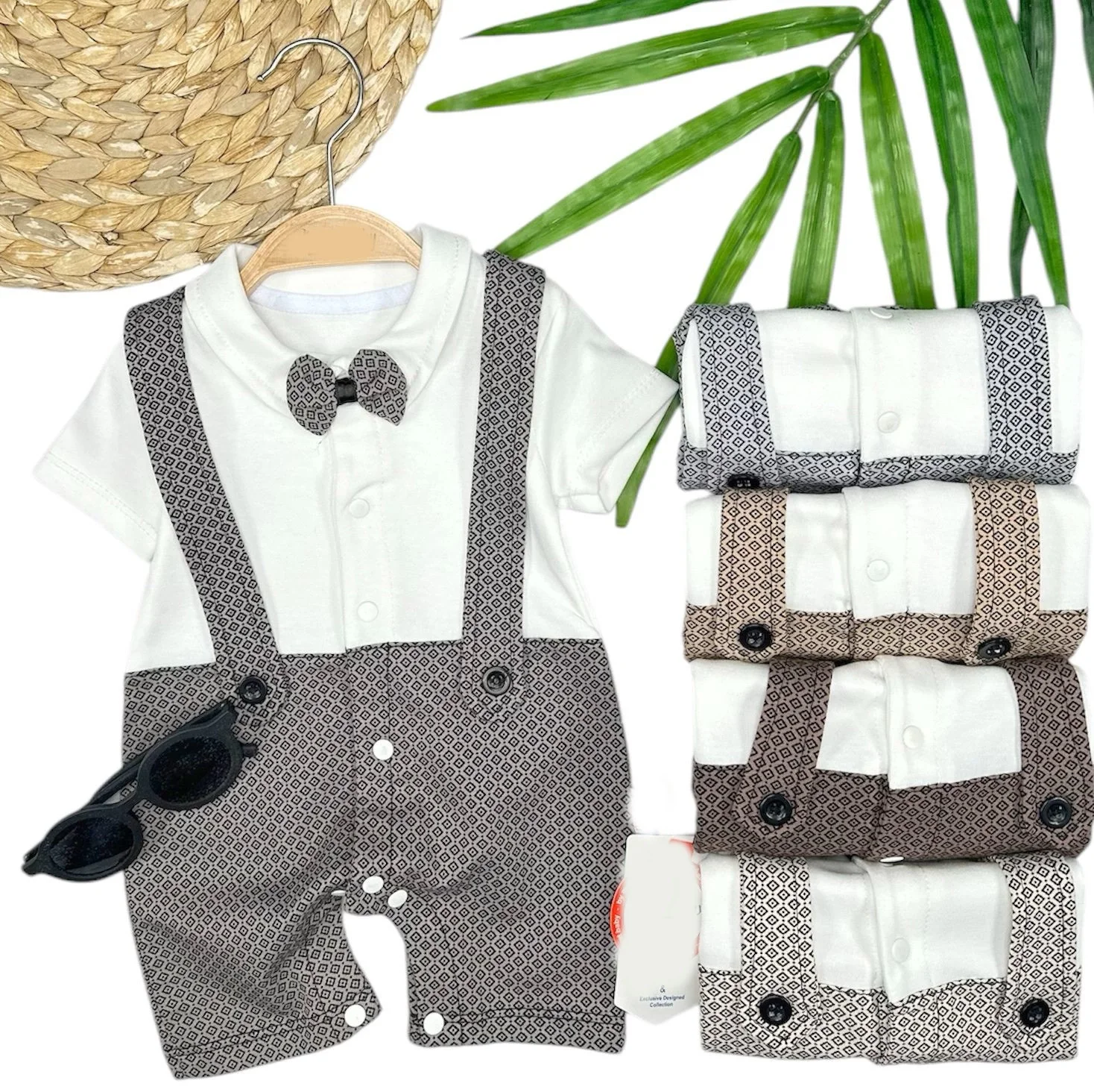 3-6-9-12 Months Papion Detailed Piti Square Printed Salopet With View Male Baby Coverall