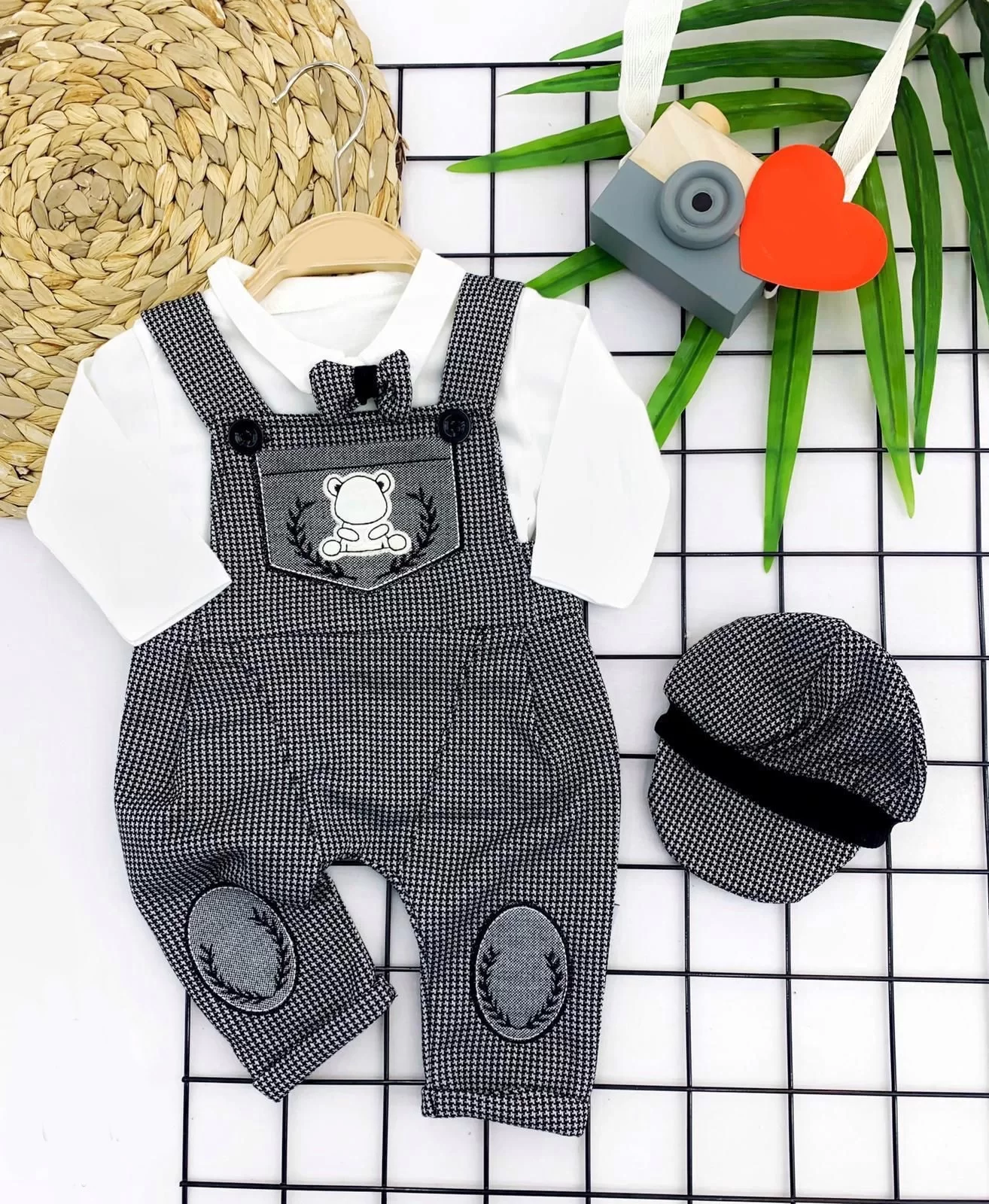 3-6-9-12 Months Papyonlı Kırçıl Embroidery Detailed Helmet Hat With Long Sleeves 3 Male Baby Salopet Kit Grey