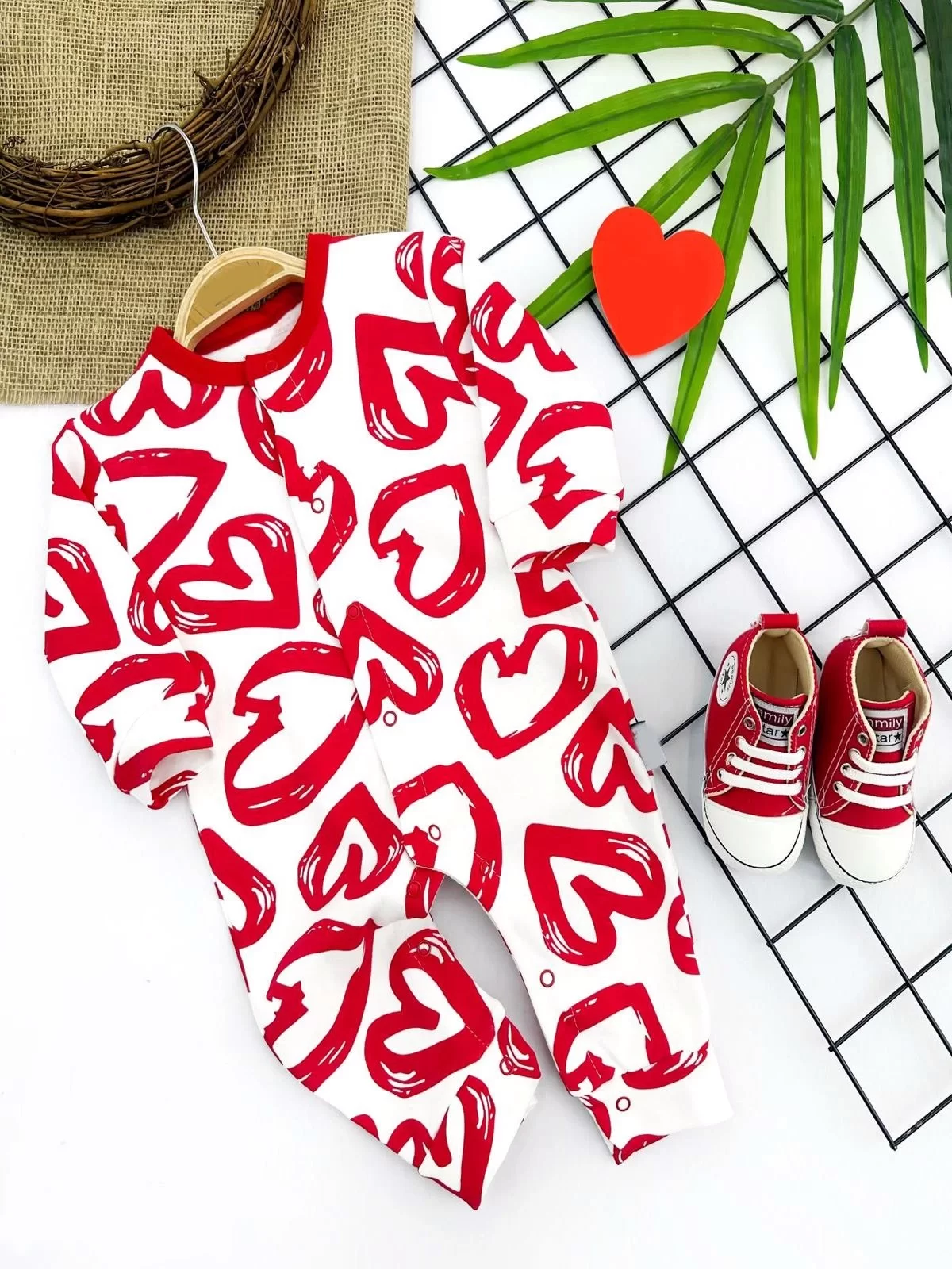 3-6-9-12 Months Pastal Heart Printed Long Sleeve Girl Male Baby Coverall Red