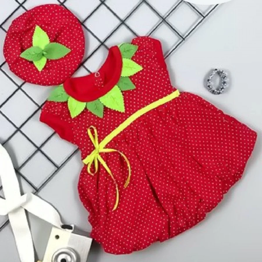 3-6-9 Months Strawberry Babys Pene Fabric Short Sleeve Baby Dress Red