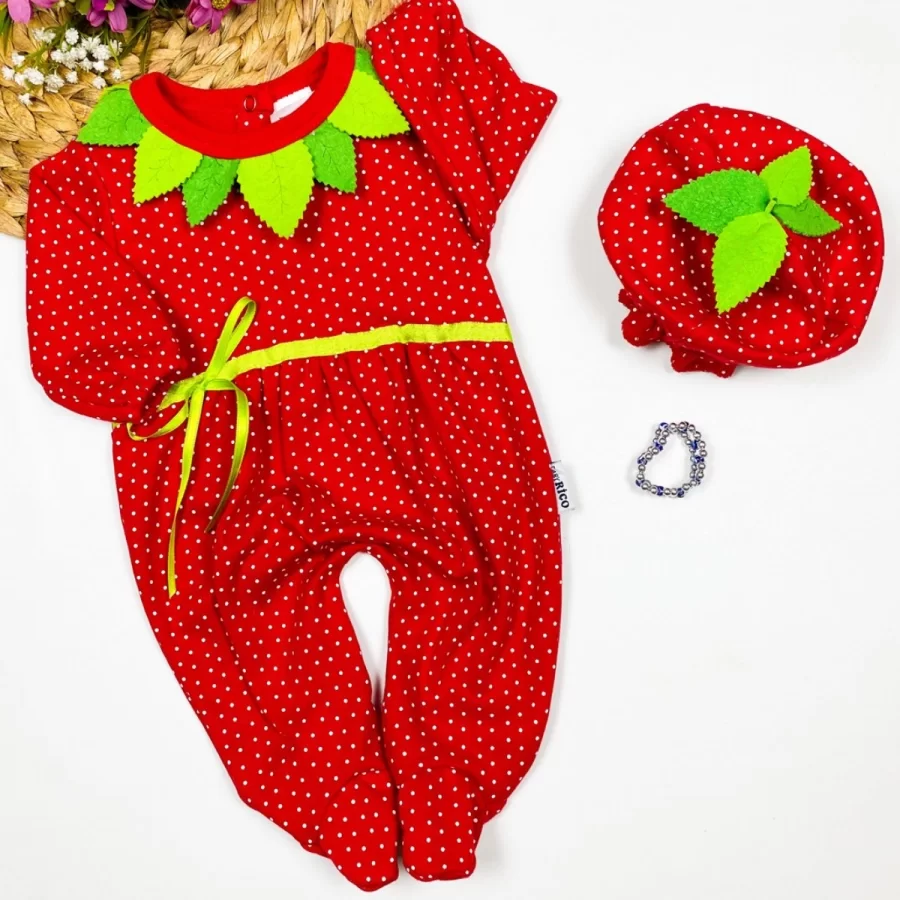 3-6-9 Moon Strawberry Babys Penye Fabric Hat Bracelet Long Sleeves Girl Male Baby Coverall Red
