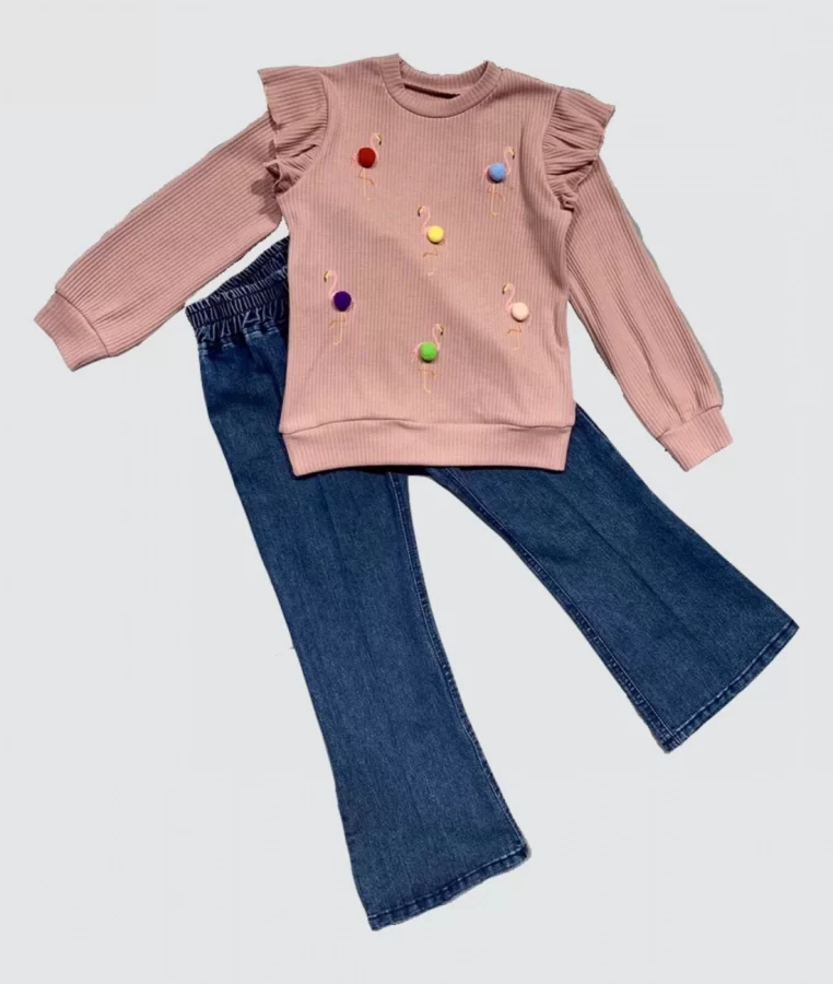 ZFSMarket 4-5-6 Yaş Kot Pantolonlu Flamingo Desenli Penye Sweat Uzun Kollu 2li Kız Çocuk Takımı Gül Kurusu İade Garantili