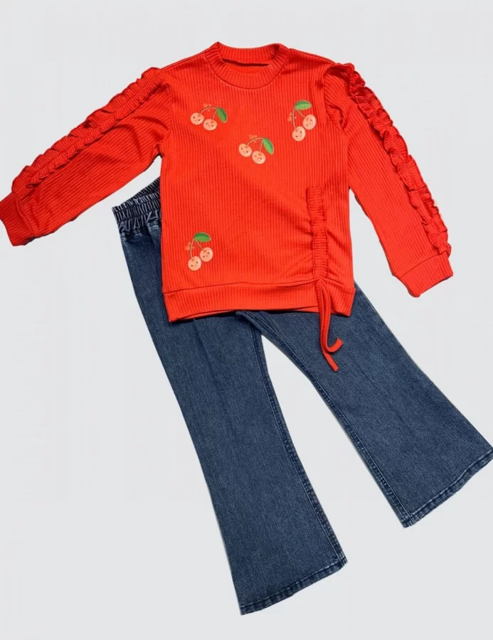 4-5-6 Yaş Kot Pantolonlu Kiraz Desenli Penye Sweat Uzun Kollu 2li Kız Çocuk Takımı Kırmızı