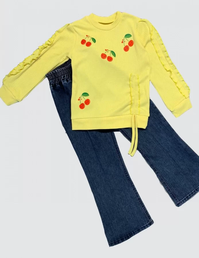 4-5-6 Age Jeans Cherry Patterned Penye Sweat Long Sleeves 2 Girl Children Set Yellow
