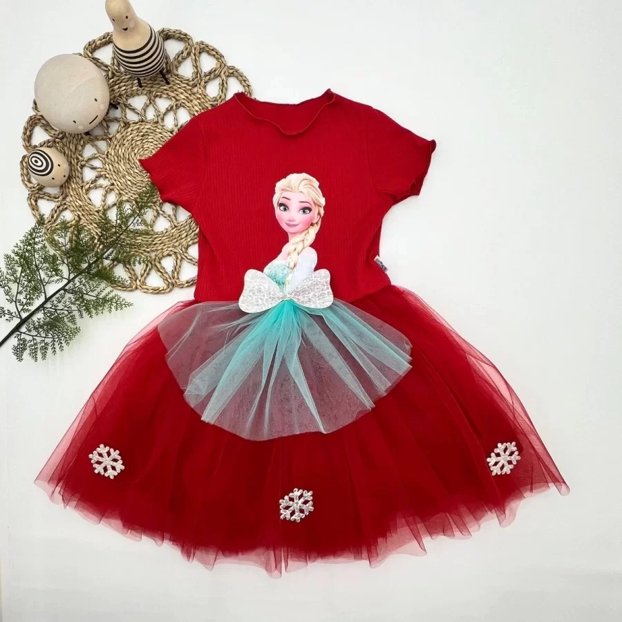 5-6-7 Age Elsa Patterned Fionklu Tulle Lining Short Sleeve Girl Milk Dress Red