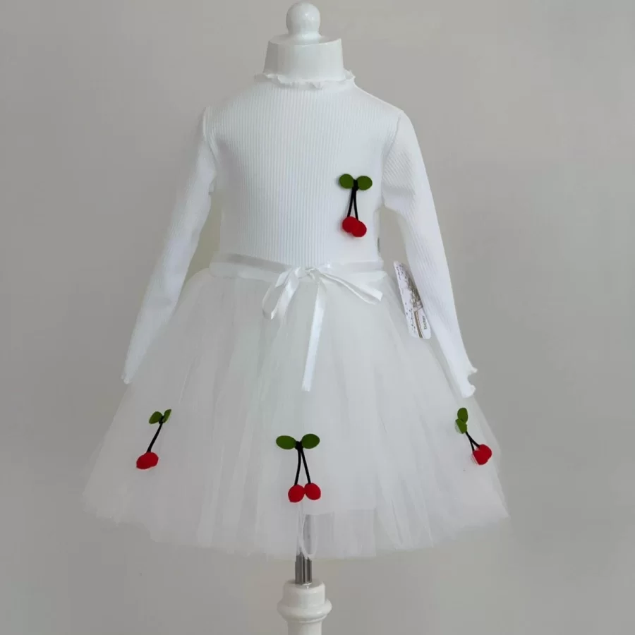 5-6-7 Age Cherry Patterned Pleated Long Sleeve Girl Milk Dress White