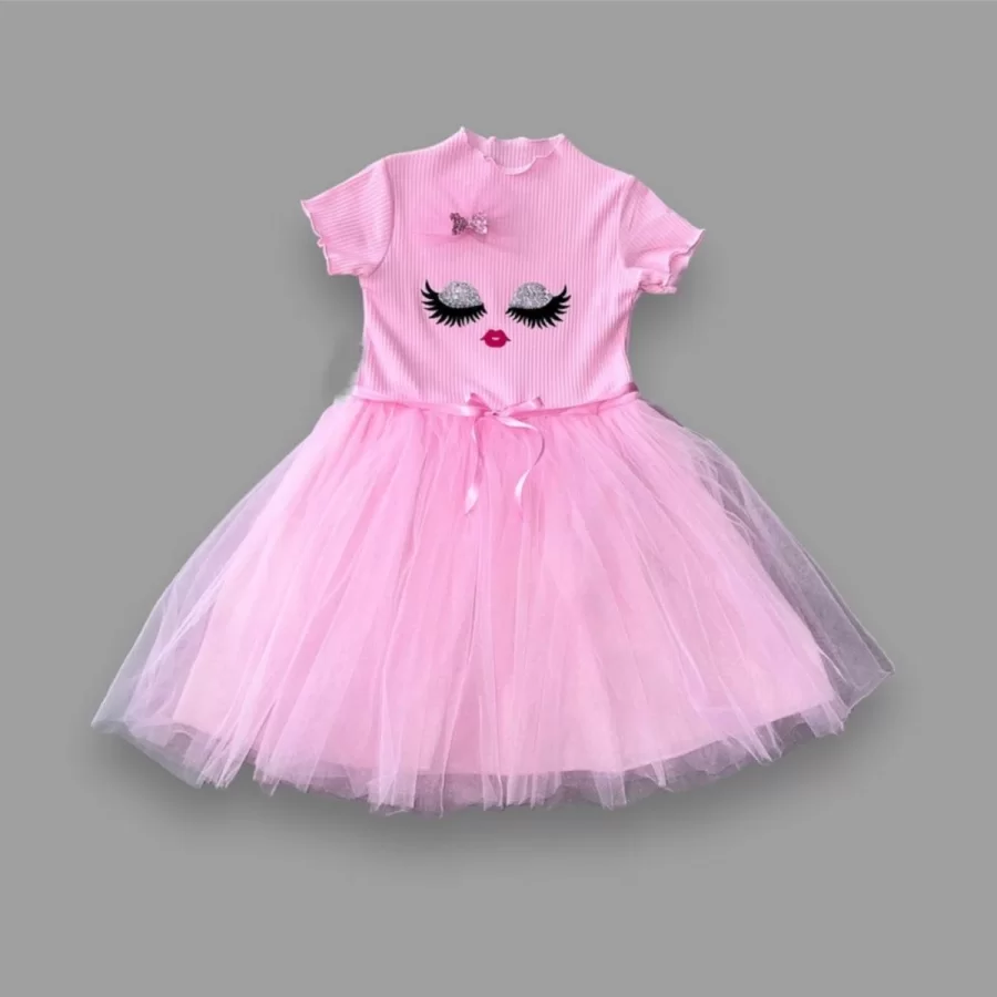 5-6-7 Age Sequined Fancy Face Printed Girl Kids Dress Pink