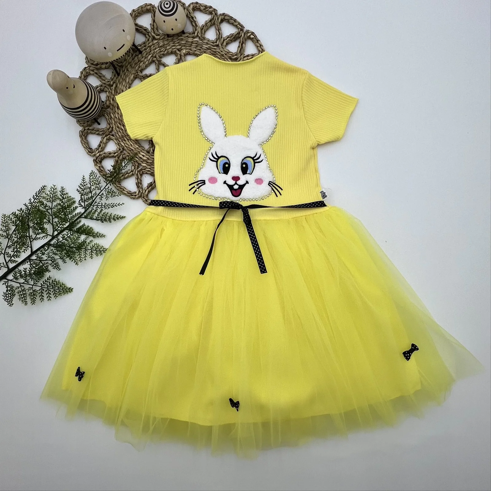5-6-7 Age Sequin Rabbit Printed Girl Kids Dress Yellow