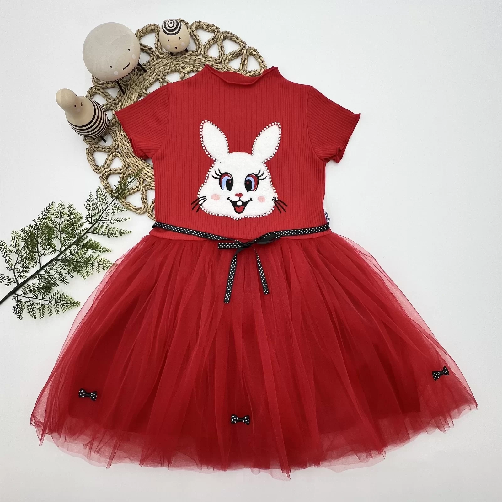 5-6-7 Age Sequin Rabbit Printed Girl Kids Dress Red