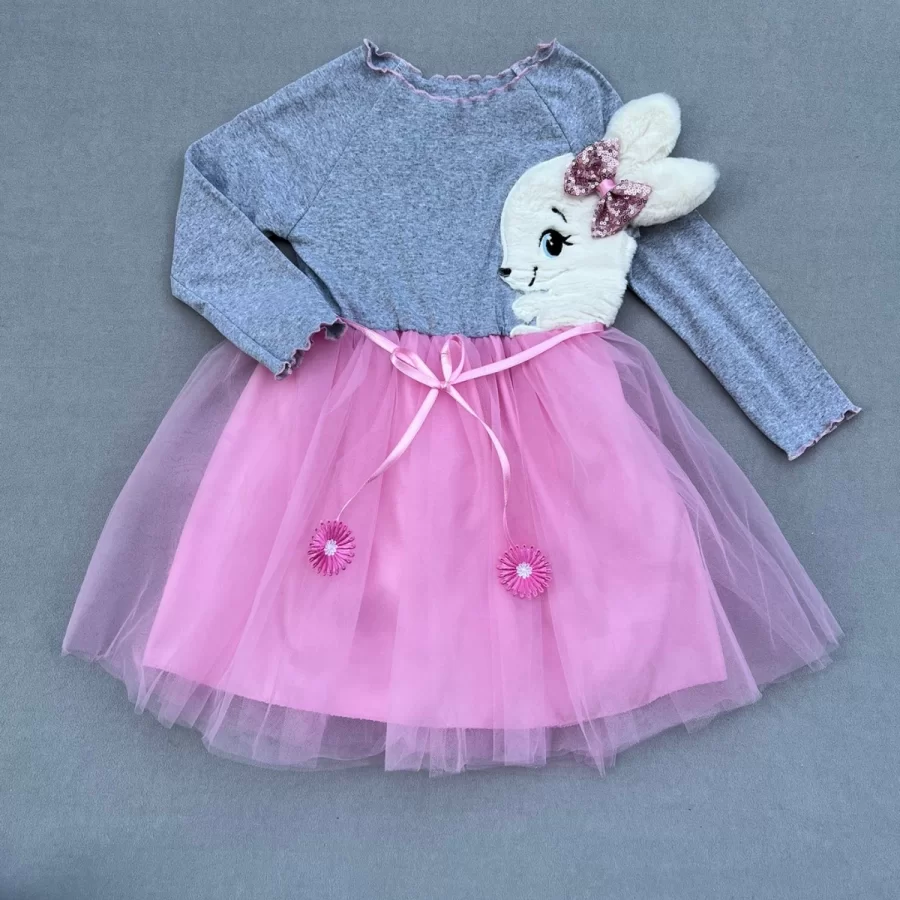 5-6-7 Years Old Pelüş Rabbit Patterned Ribbon With Juicy Girl Kids Milk Dress Pink