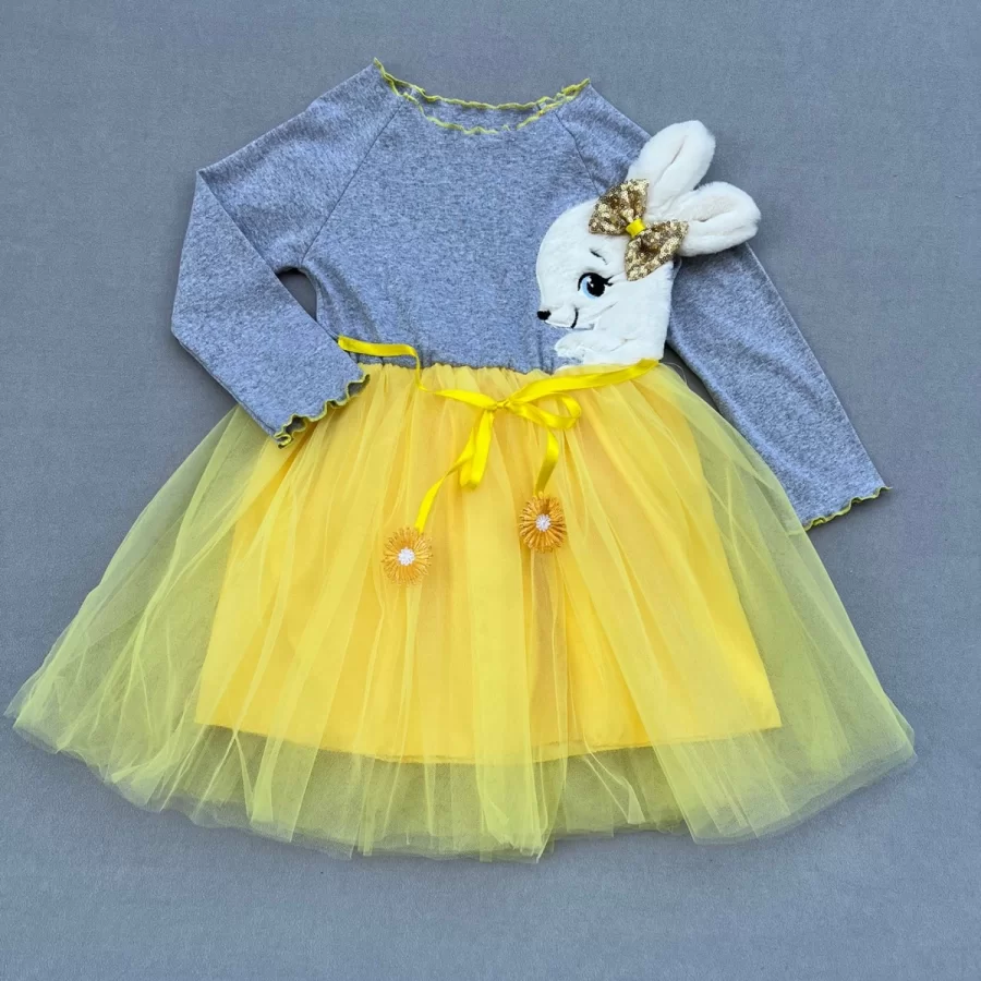 5-6-7 Ages Pelüş Rabbit Patterned Ribbons Girl Kids Milk Dress Yellow