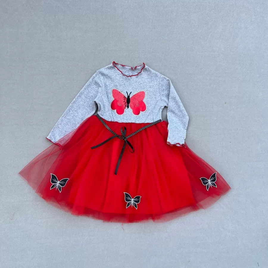 5-6-7 Age Stone Butterfly Patterned Pleated Girl Kids Milk Dress Red