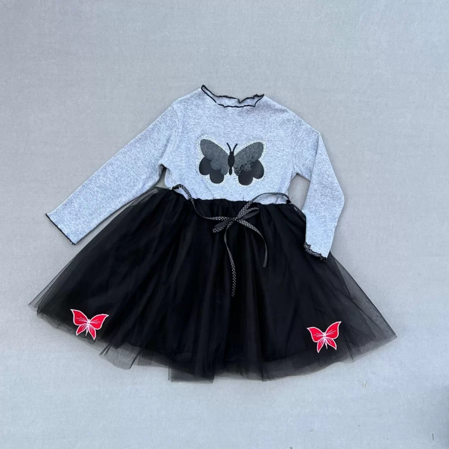 5-6-7 Age Stone Butterfly Patterned Pleated Girl Kids Milk Dress Black