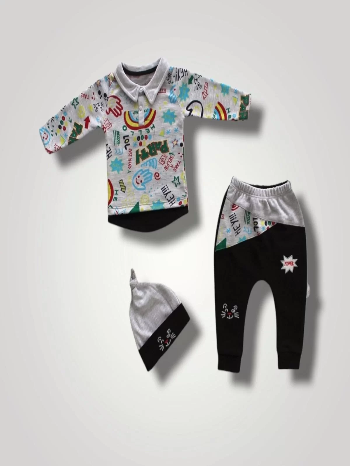 6-9 12-18 18-24 Months Power Cat Embroidery Long Sleeve Sweat Hat 3some Girl Male Baby Kit Black