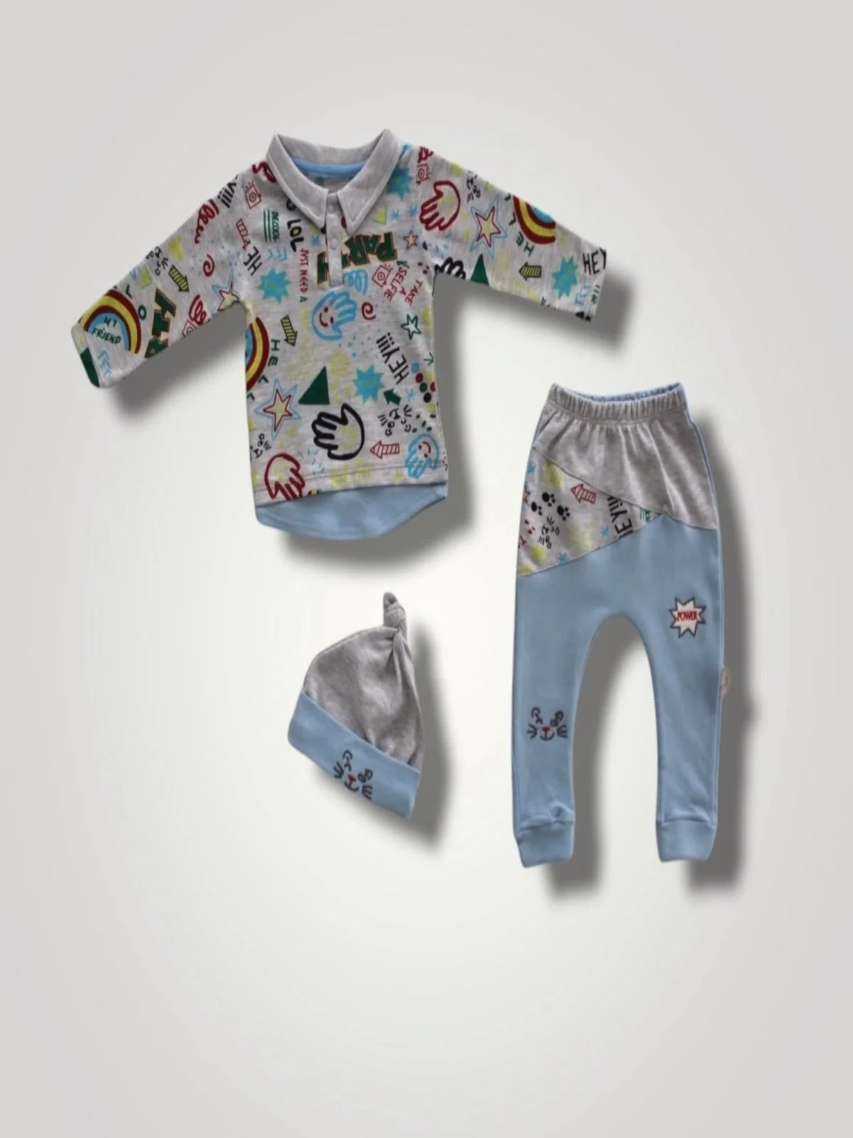 6-9 12-18 18-24 Months Power Cat Embroidery Long Sleeve Sweat Hat 3some Girl Male Baby Set Blue
