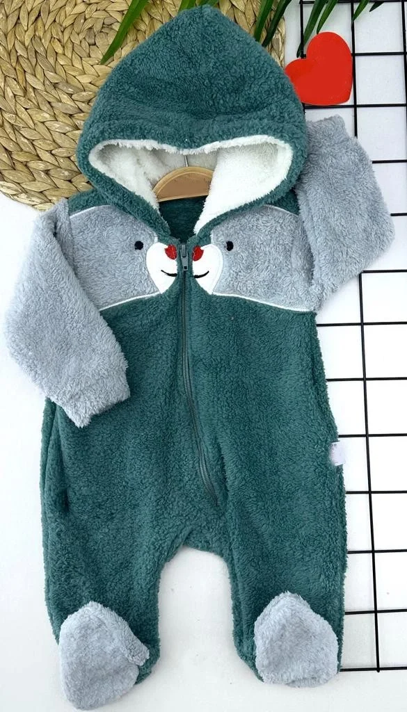 6-9-12-18 Ay Size Zipper Welsoft Feather Fabric Hooded Patikli Girl Male Baby Coverall Oil Blue