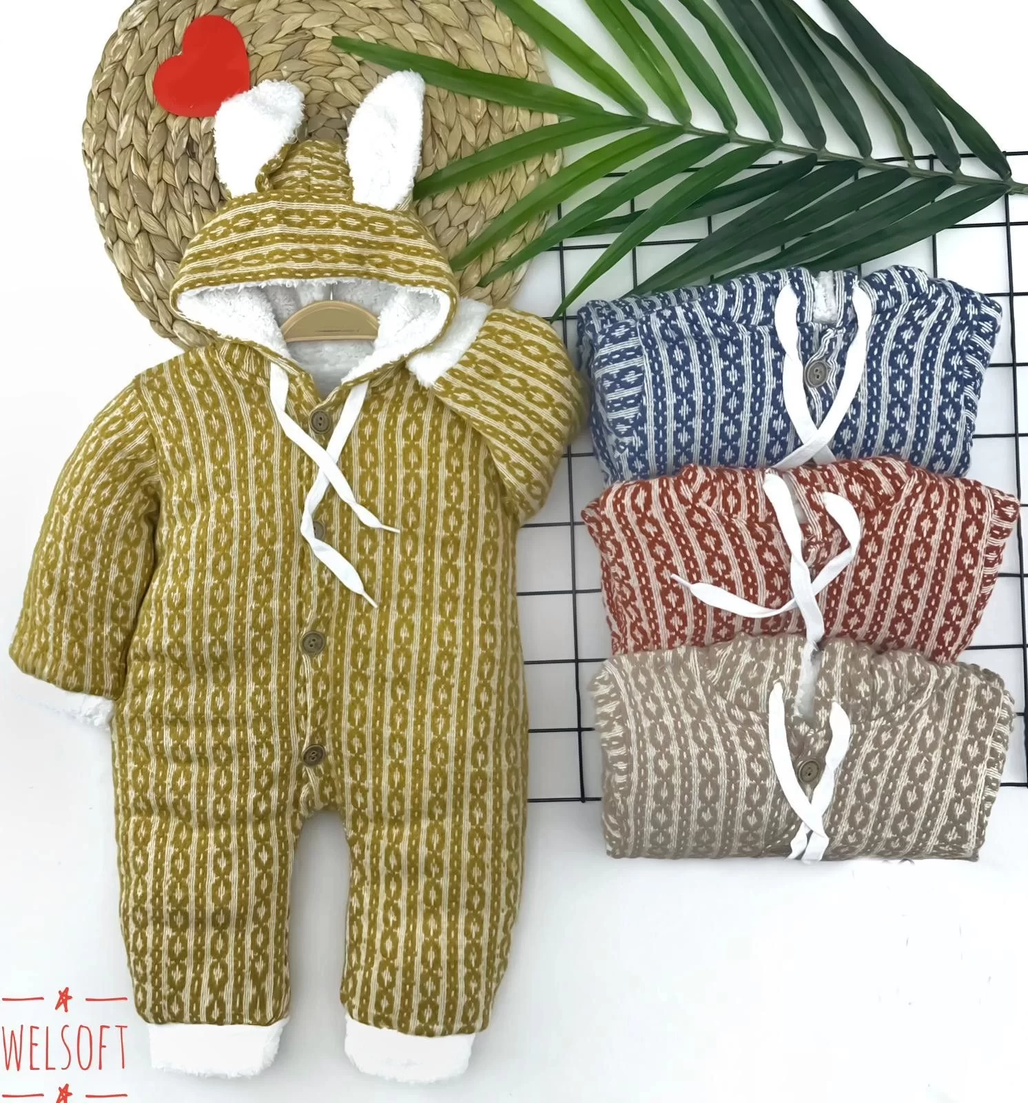 6-9-12-18 Months Button Closure Ear Hooded Knit Fabric Girl Male Baby Coverall Beige
