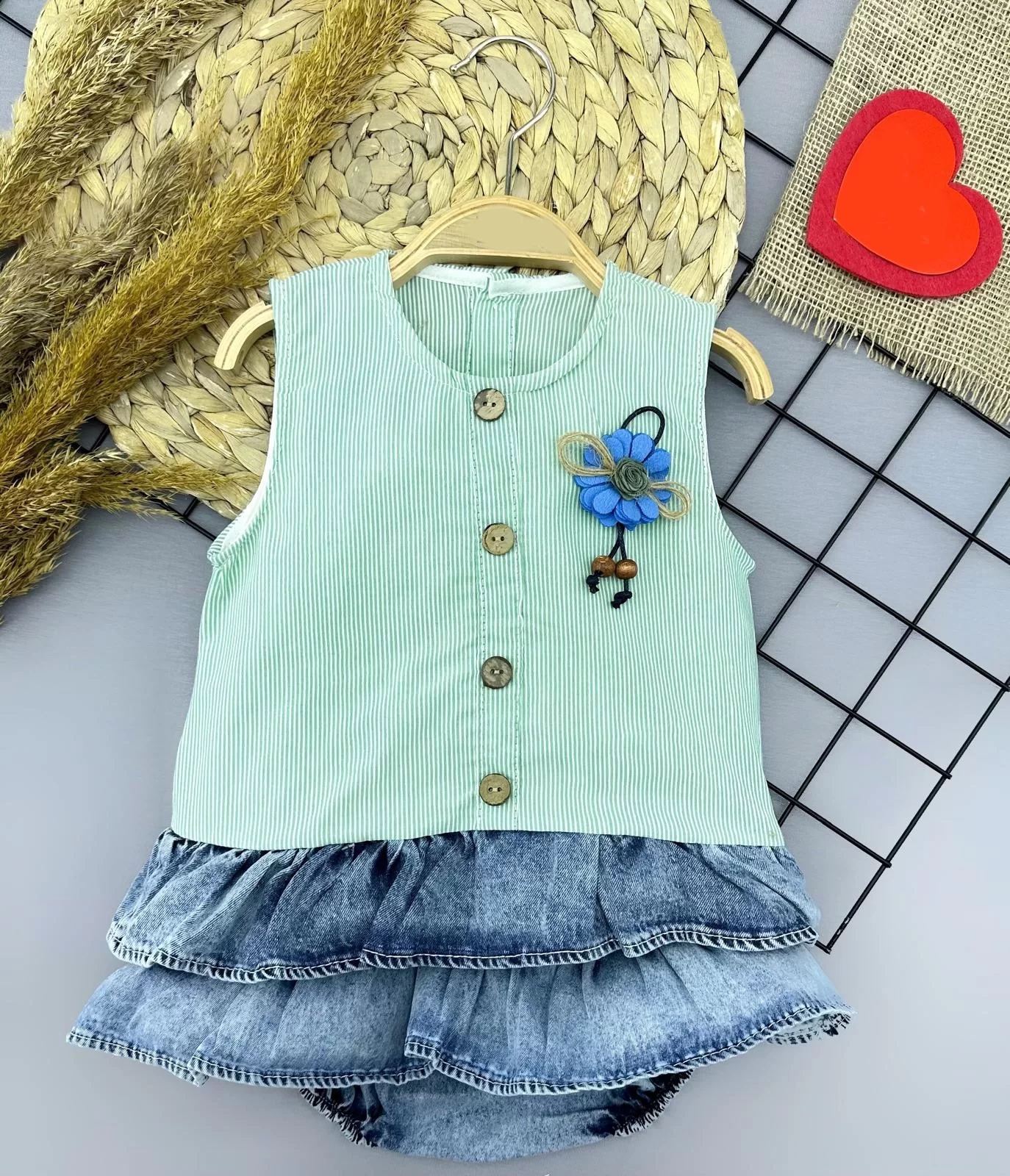 6-9-12-18 Months Rose Badge Detailed Jeans Weight Skirt Girl Baby Dress Green