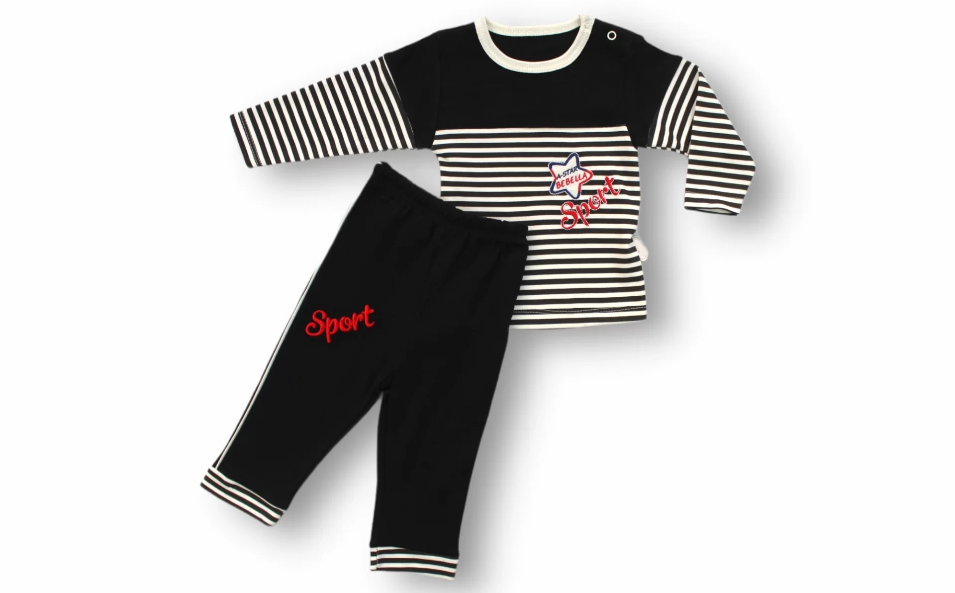 6-9 9-12 12-18 18-24 24-36 Ay Sport Baskılı Çizgili Uzun Kollu Sweatli 2li Erkek Bebek Takımı Siyah