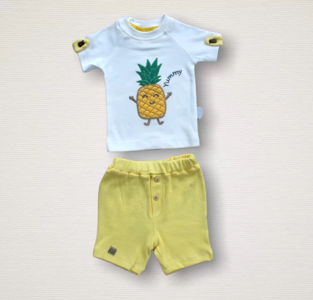 6-9 9-12 12-18 Ay Ananas Nakışlı Kısa Kollu Sweatli Şortlu 2li Kız-erkek Bebek Takımı Sarı