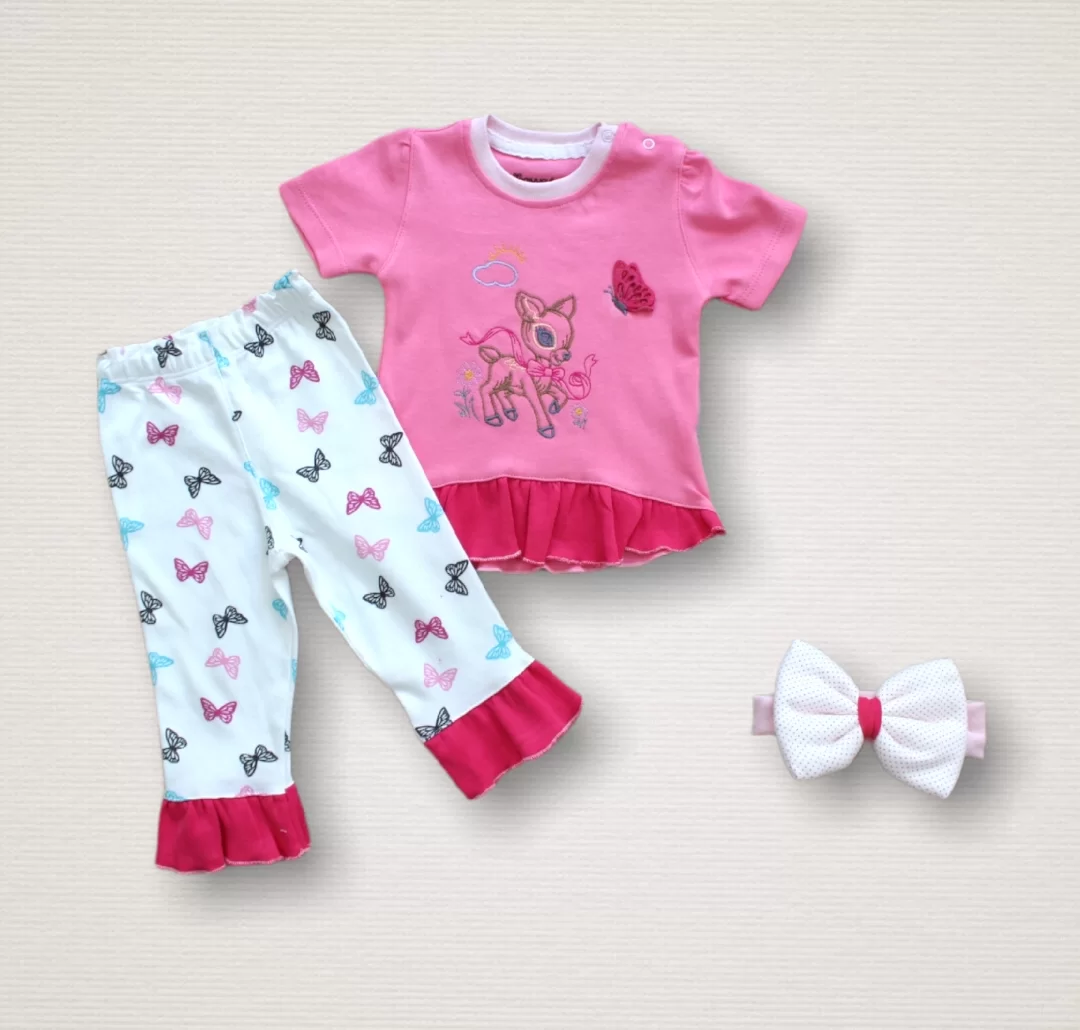 6-9 9-12 12-18 Ay Ceylan Dream Printed Bandanali Short Sleeve Sweat 3some Girl Baby Set Pink