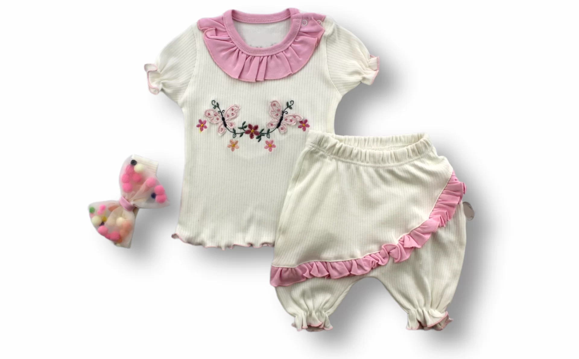 6-9 9-12 12-18 Months Flower Embroidery Novel Shawl Bandana Short Sleeve Sweat 3some Girl Baby Set Pink