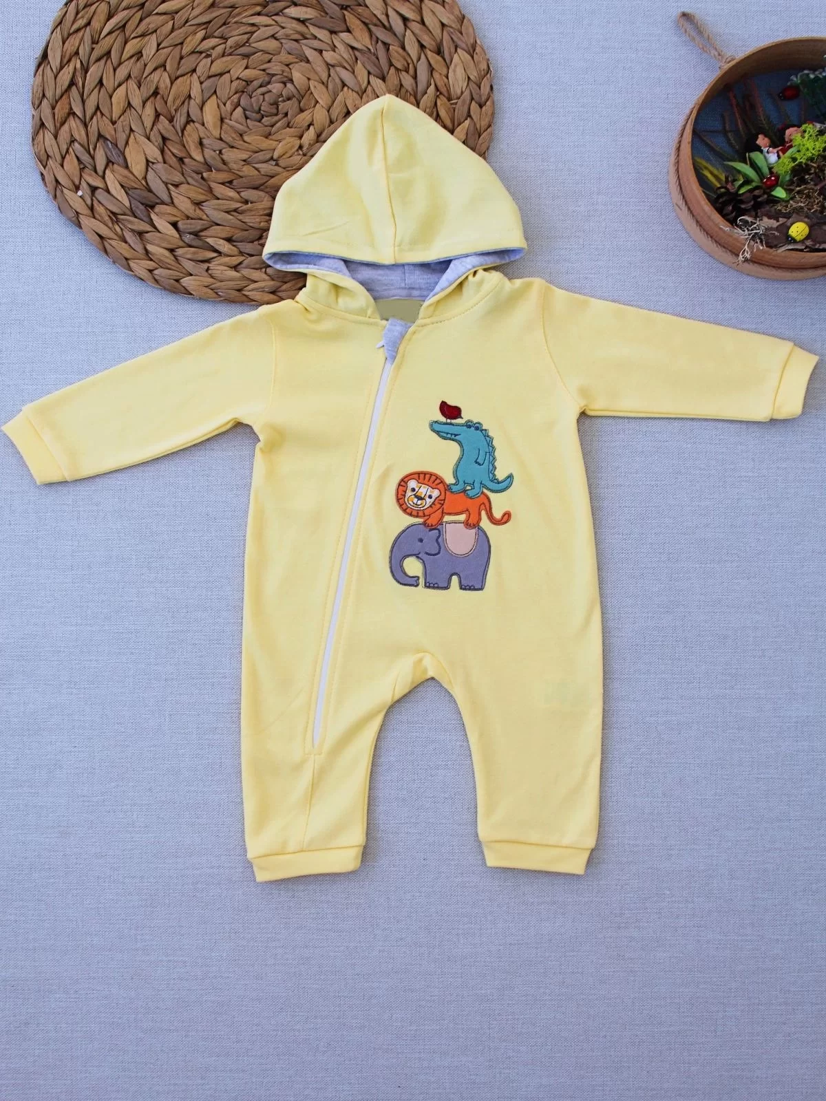 6-9 9-12 Months Ef Line Size Zipper Animals Alemi Embroidery Hooded Girl Male Baby Coverall Yellow