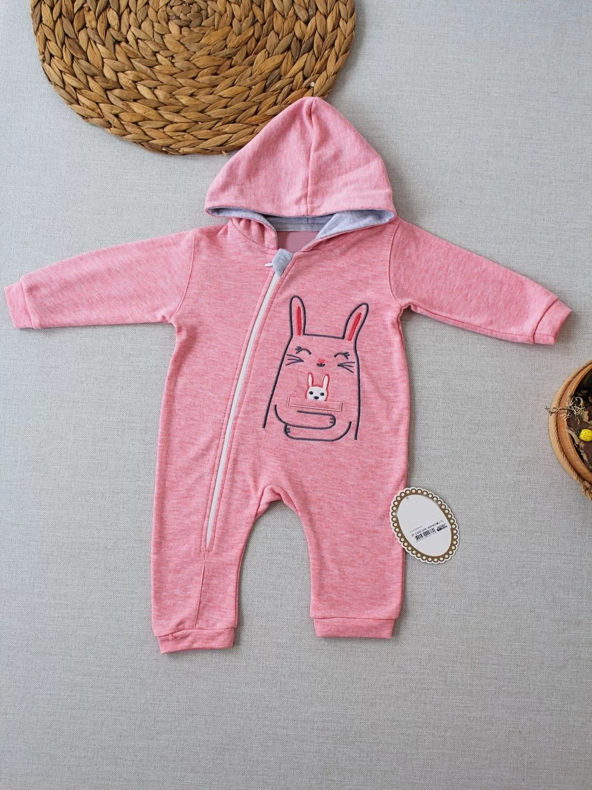 6-9 9-12 Months Ef Line Size Zipper Rabbit Embroidery Hooded Girl Male Baby Coverall Pink