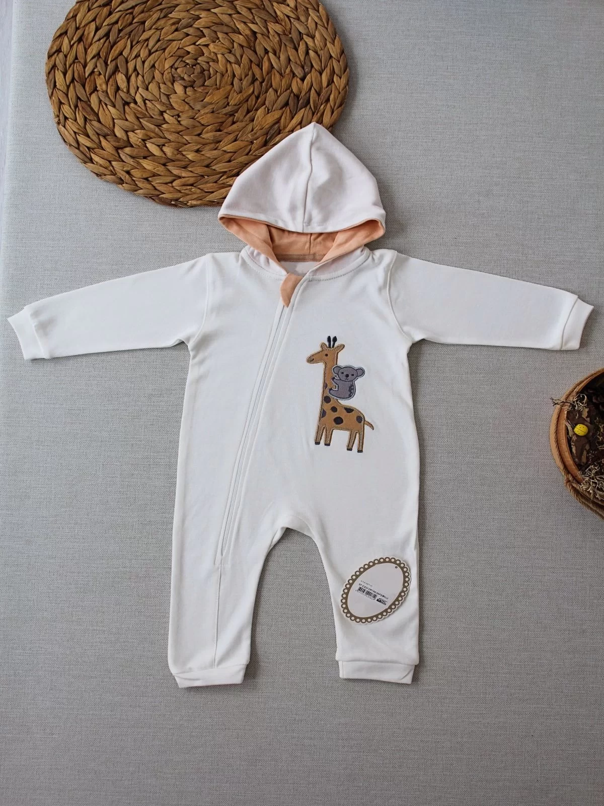 6-9 9-12 Months Ef Cartoon Size Zippered Hooded Girl Male Baby Coverall Ekru