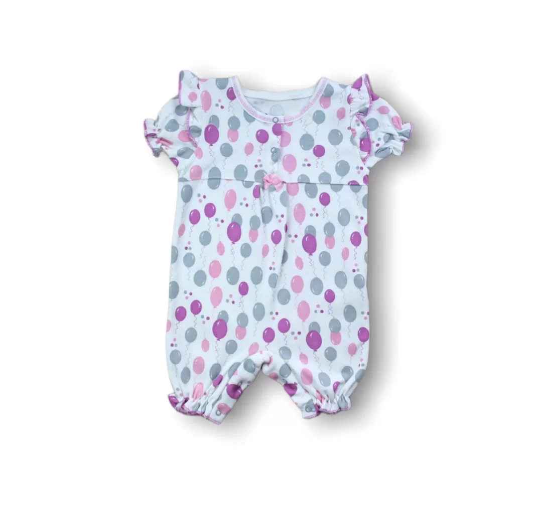 9-12 12-18 18-24 Months Cemre Flying Balloon Printed Short Sleeve Girl Baby Coverall Ekru